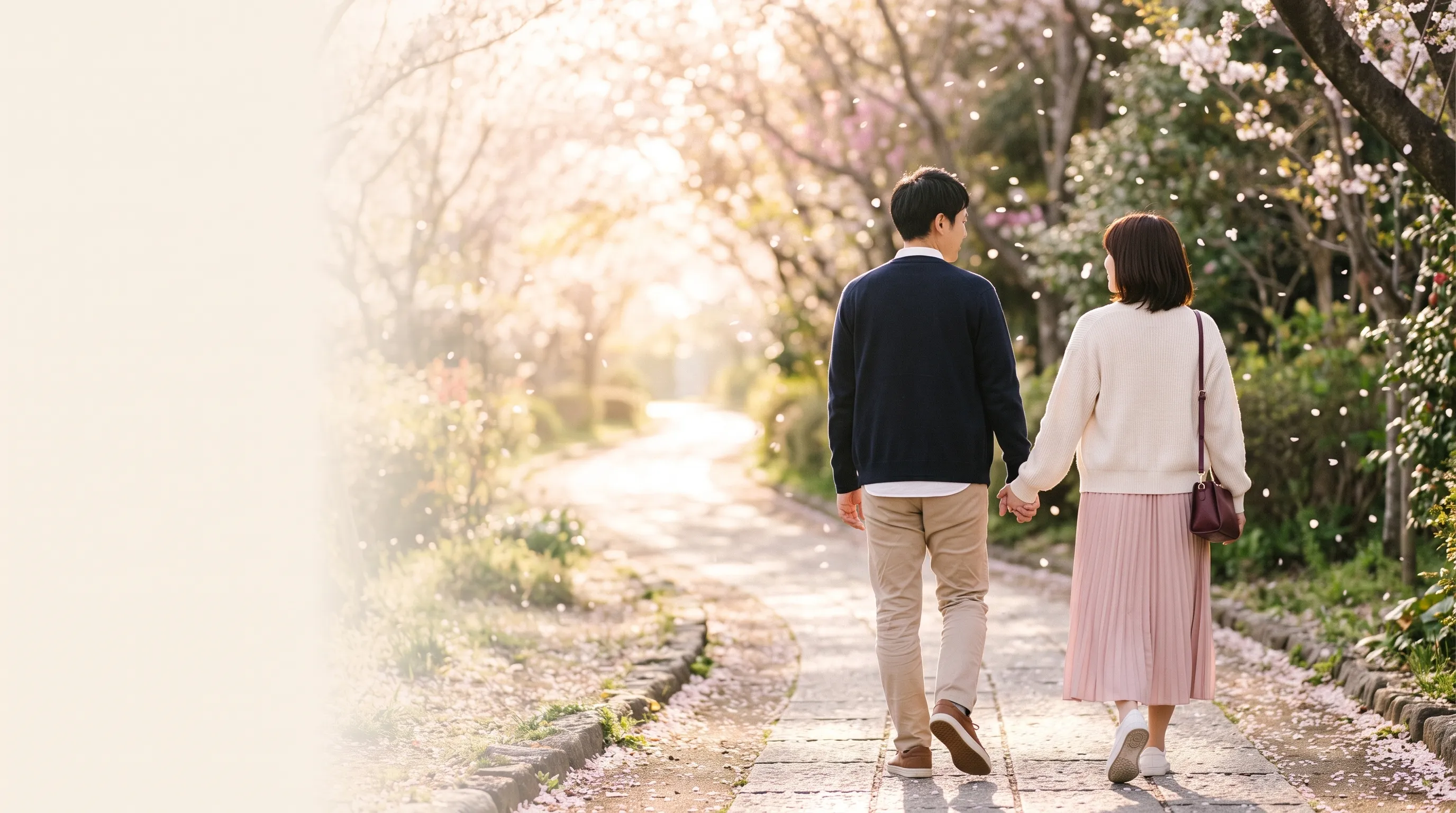 手をつないで未来へ歩くカップル